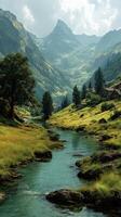 Serene mountain valley with a flowing river and rustic buildings under cloudy skies photo