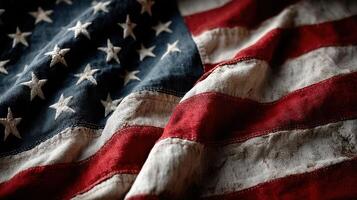 Old American flag with a worn texture waving gently under soft light in a cozy setting photo