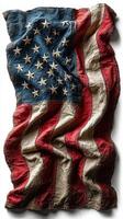 Old American flag with faded colors and visible wear, symbolizing history and patriotism in a textured display photo