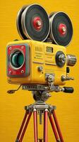 Vintage film camera on tripod with vibrant yellow backdrop showcases cinematic history and craftsmanship in photography photo