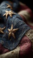 Close-up view of vintage American flag showcasing detailed stitching and vibrant colors for a patriotic celebration or historical exhibition photo