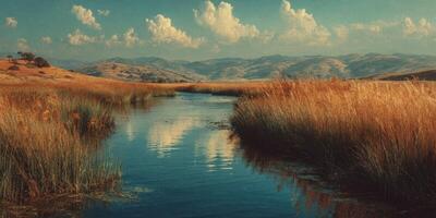 Serene landscape with a calm river surrounded by dry grass and distant mountains under a clear blue sky photo