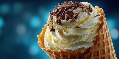 Delicious ice cream cone topped with whipped cream and chocolate shavings served against a blurred blue background photo