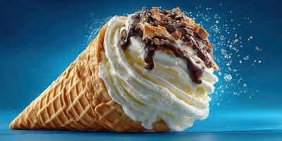 Delicious ice cream cone with chocolate topping and crushed cookies on a bright blue background photo