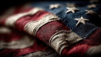 Worn American flag displays history and patriotism through faded colors and textures in a close-up view photo