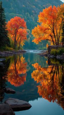 Autumn colors reflect in tranquil river surrounded by vibrant trees near a mountain range