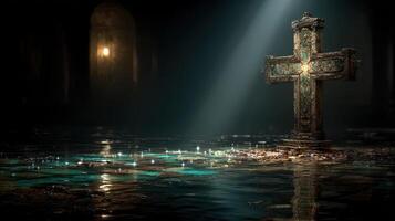 Mysterious illuminated cross in an ancient, dark cathedral reflecting on water at night photo