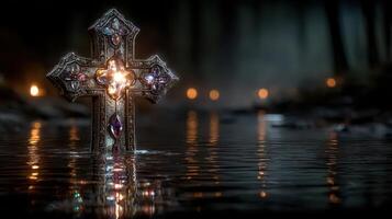 Unlit cross rises from dark waters reflecting soft candlelight in an eerie atmosphere photo