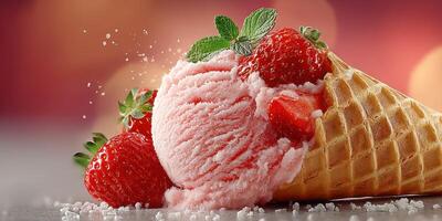 Sweet strawberry ice cream cone with fresh strawberries on a colorful background during sunny weather photo