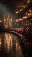 Elegant theater interior adorned with a sparkling Christmas tree and luxurious red seating photo
