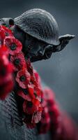 Memorial honoring fallen soldiers with red poppies in a solemn tribute setting photo