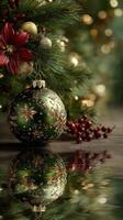 Elegant green Christmas ornament reflects festive decor in serene holiday setting photo