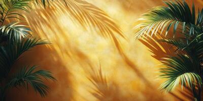 Sunlight casts vibrant shadows of tropical leaves on a warm yellow wall in a serene indoor space photo