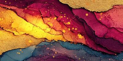Vibrant abstract texture with red, yellow, and blue hues showcasing layered colors and organic patterns in digital art photo