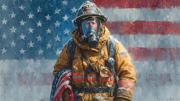 Firefighter standing proudly in front of American flag, showcasing bravery and dedication in a moment of tribute photo