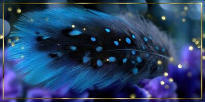 Vibrant blue feather resting among soft purple flowers and golden bokeh lights in a tranquil garden setting photo