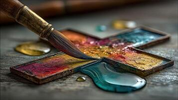 Painting tools and colorful paints on a wooden surface during an artistic project in a creative studio photo