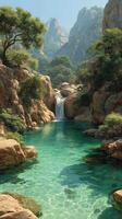 Serene mountain landscape with clear turquoise water and cascading waterfall in a tranquil natural setting photo