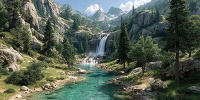 Breathtaking waterfall cascading into clear turquoise river in a lush mountainous landscape during sunny daytime photo