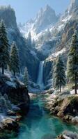 Majestic waterfall cascading through snowy mountain landscape under clear blue sky photo
