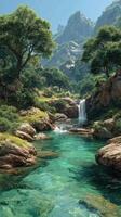 Majestic waterfall cascading into serene turquoise pool in lush green valley surrounded by towering mountains at midday photo