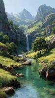 Majestic waterfall cascading through a serene mountain valley with lush green vegetation and a clear blue stream photo