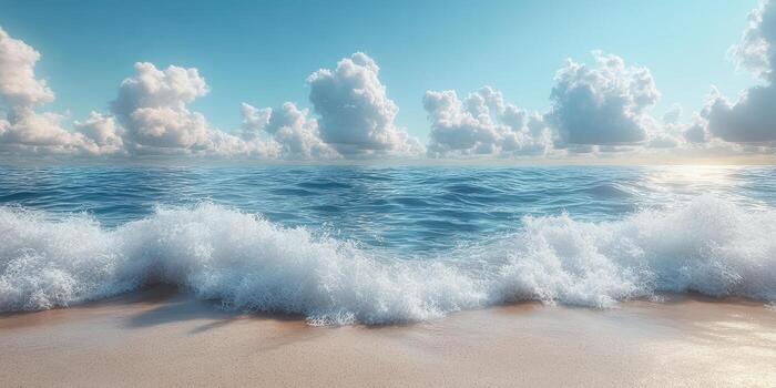 Coastal view of gentle waves lapping on golden sand under a bright blue sky with fluffy clouds photo