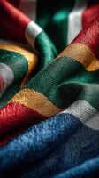 Textured fabric showcasing the vibrant colors of a national flag draped elegantly on a surface in natural light photo