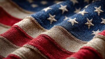 Waving fabric showcasing a detailed texture of the American flag with vivid colors and distinct stitching patterns photo