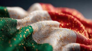 Delicate texture of an embroidered Mexican flag with sparkling details displayed on a dark background photo