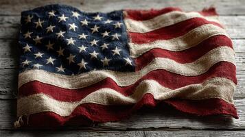 Old American flag draped on rustic wooden surface captures the essence of patriotism and history photo