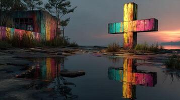 Colorful cross structure near water reflects vibrant hues at sunset in a tranquil landscape setting photo