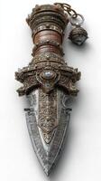 Intricately designed dagger with ornate hilt and decorative ball pendant displayed on a light background photo