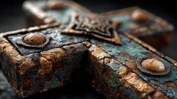 Ancient metallic cross with intricate details and weathered texture displayed against a dark background photo