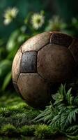 Old soccer ball resting on lush green grass with hints of wildflowers under soft natural light photo