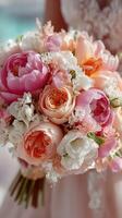 Beautiful wedding bouquet featuring assorted flowers, elegantly held by a bride during an outdoor ceremony in summer photo