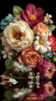 Colorful floral arrangement in a glass vase reflecting light during the day photo