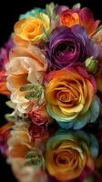 Colorful roses with water droplets create a stunning floral display on a reflective surface photo