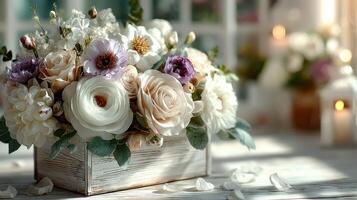 Beautiful arrangement of fresh flowers in a rustic wooden box on a table in a sunlit interior photo