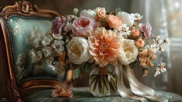 Elegant floral arrangement showcasing soft hues and textures on a vintage chair in a sunlit room photo