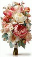 Colorful floral bouquet with various blossoms arranged elegantly for a special occasion in a soft light setting photo
