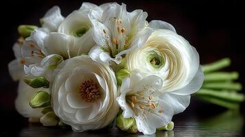 Elegant white floral bouquet featuring roses and ranunculus arranged beautifully on a dark surface for a special occasion photo