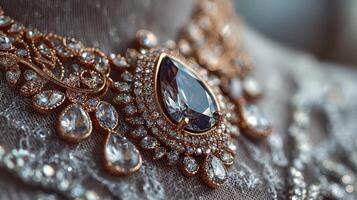 Intricate jewelry piece featuring sparkling gemstones displayed on elegant fabric photo