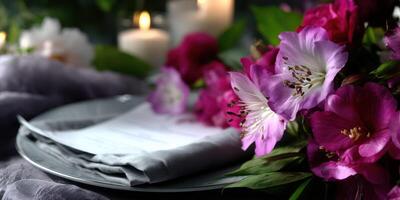 Elegant table setting with fresh flowers and candles for a special occasion dinner party in the evening photo