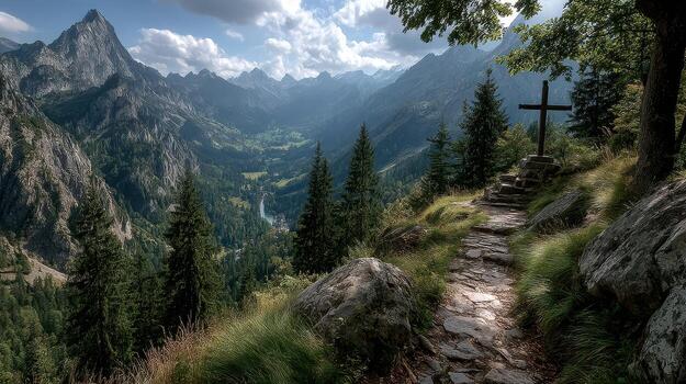Mountains offer breathtaking views and tranquility along a winding pathway surrounded by trees and a cross at midday photo