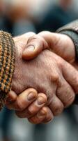 Two hands engage in a firm handshake in a social setting during daylight hours photo