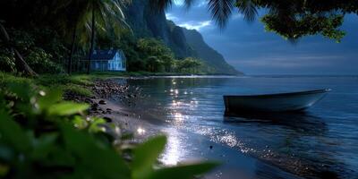 Serene coastal view with a small boat near a tropical house surrounded by tall mountains at twilight photo