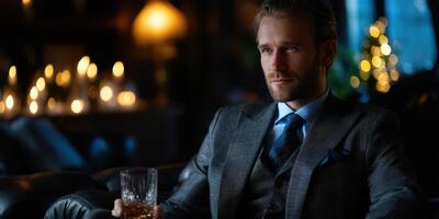 Sophisticated man in formal attire enjoys a drink in a cozy, dimly lit lounge setting at evening time photo
