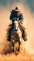 Cowboy rides a powerful horse through a dusty field during sunset photo