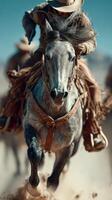 Horsemen galloping through desert landscape in wild west adventure under clear blue sky photo
